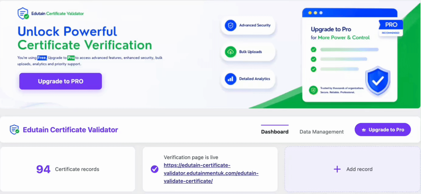 Certificate Validator dashboard with record count and drag-and-drop CSV upload