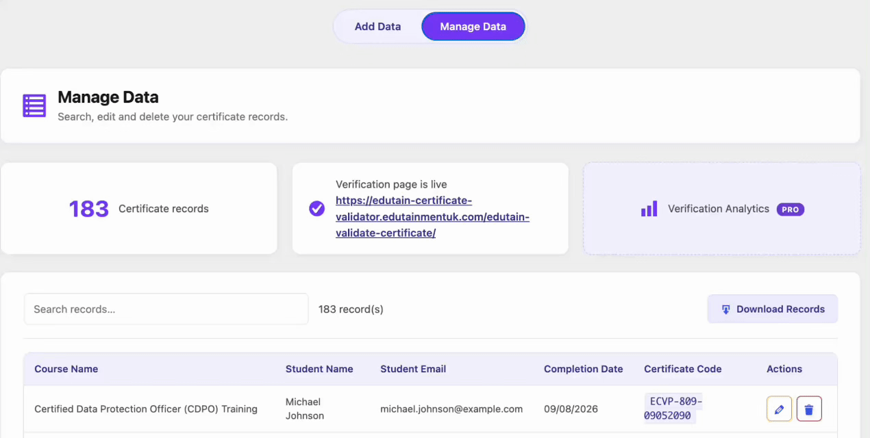 Instructions page showing verification URL, shortcode and direct verification links