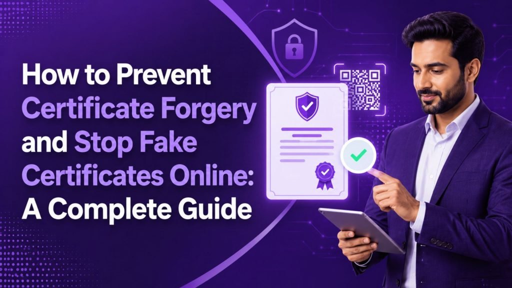 Male professional verifying a digital certificate online to prevent certificate forgery and fake certificates.